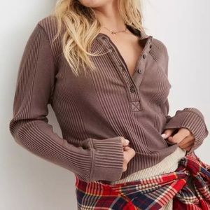 Aerie Road Trip Long Sleeve Henley Top Taupe Brown